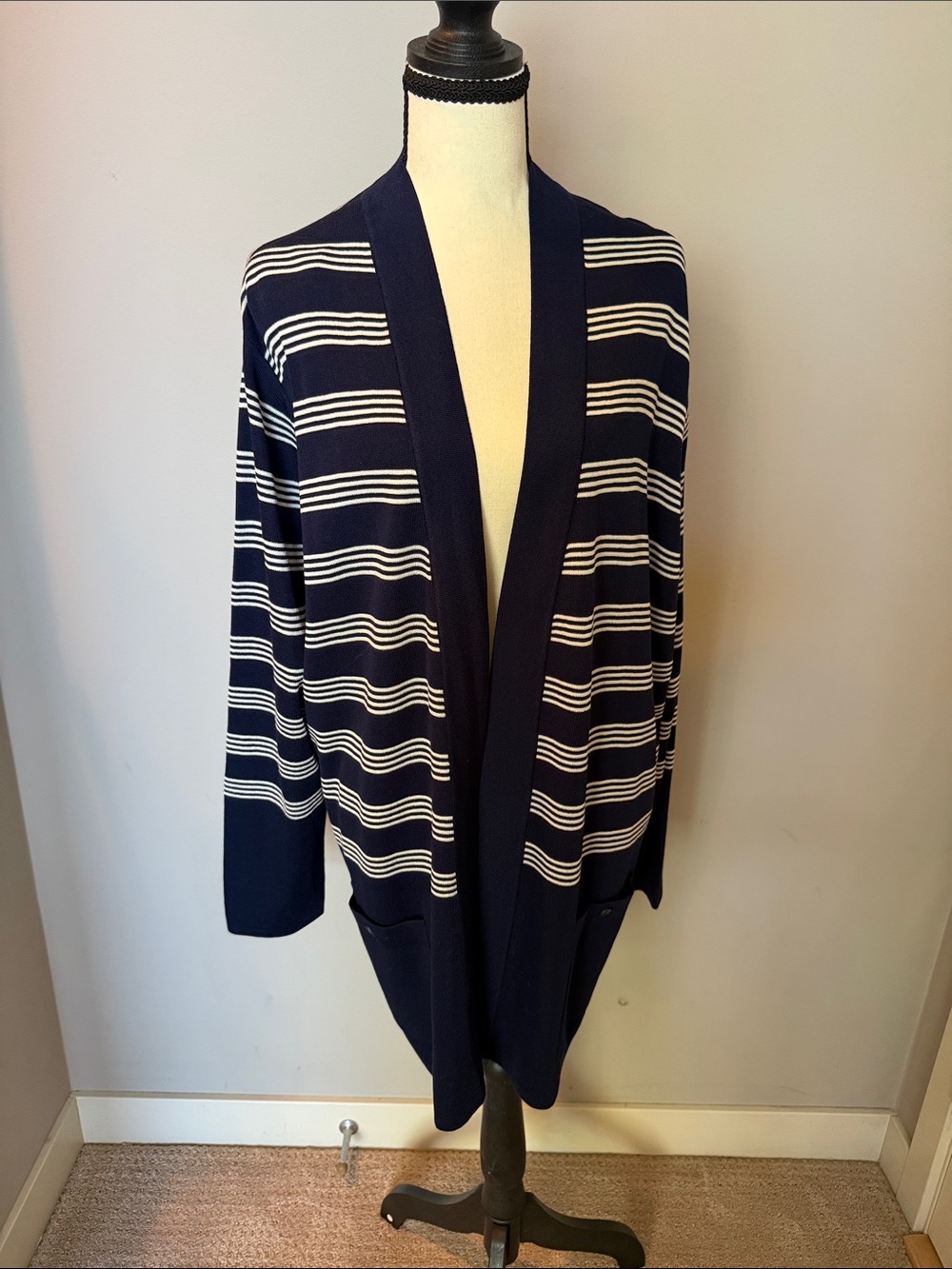 Anne Klein Navy and White Striped Open-Front Women’s Cardigan